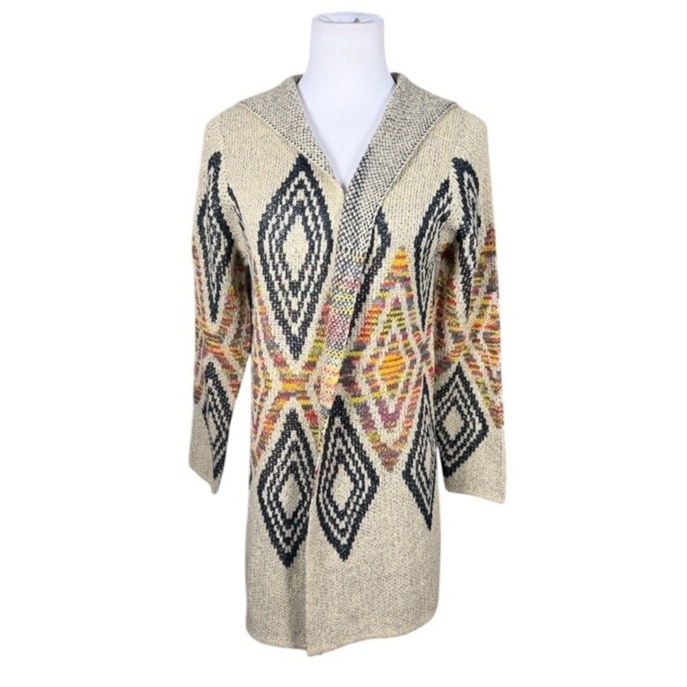 Woven Heart Womens Geometric Diamond Hooded Cardigan Oatmeal Multicolor Medium